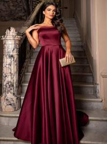 Long Bridesmaid Prom Debutante Party Dress Strapless Princess Style In Luxurious Satin-Free Fabric - 紅木色 - 查看 1