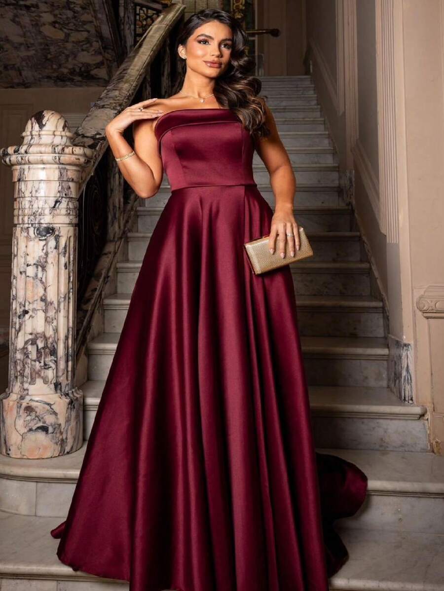 Long Bridesmaid Prom Debutante Party Dress Strapless Princess Style In Luxurious Satin-Free Fabric - 紅木色 - 查看 1