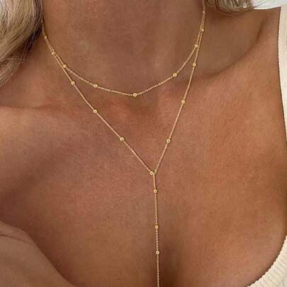 1 pieza Collar de doble capa de acero inoxidable, collar colgante largo, cadena en forma de Y con colgante de bola redonda, uso diario para mujer