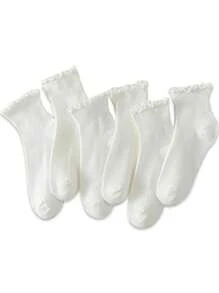 6pairs Lace Trim Mid-Calf Socks For Women, Cute Mary Jane Style, Breathable Thin Fabric, Fits Size 3.5-9