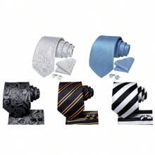 5PC Mens Silk Ties Gold White Black Blue Gray Striped Floral Check Necktie Handkerchief Square Set Business Wedding Party