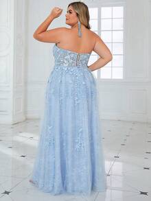 Vestidos de fiesta largos de encaje de talla grande de color azul cielo para mujer, vestidos de cóctel con espalda con cordones y escote sin tirantes, con abertura alta, sexy, para fiesta de graduación y de cóctel - Celeste - Ver 7
