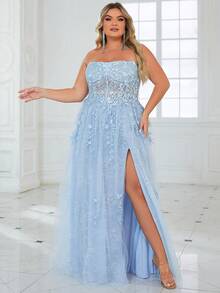 Vestidos de fiesta largos de encaje de talla grande de color azul cielo para mujer, vestidos de cóctel con espalda con cordones y escote sin tirantes, con abertura alta, sexy, para fiesta de graduación y de cóctel - Celeste - Ver 3