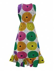African Sleeveless Print Midi Wrap Dress For Women - Multicolor - View 2