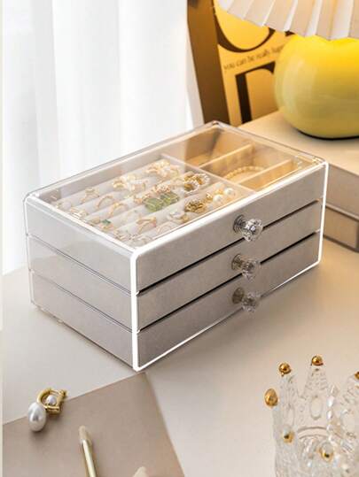 1pc5 Layer Acrylic Transparent Jewelry Storage Box, Velvet Drawer Jewelry Storage Box, Used For Storing Rings, Necklaces, Bracelets, Earrings, And Pendants, Elegant Display Rack With Crystal Shaped Knobs, Luxurious 5-Layer Jewelry Manager - Spacious Storage Space For Earrings, Necklaces, And Rings - High-Quality Desktop Box, Beautiful And With Secure Compartments.