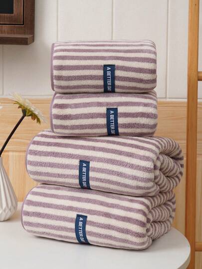 1/2/3条装珊瑚绒条纹吸水浴巾/手巾，柔软速干面巾，超强吸水纤维，适用于浴室、泳池、健身房、沙滩等场所。