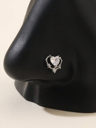 1pc Heart Rhinestone Stainless Steel Silver Nose Stud Valentines