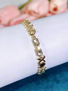 SEQUITO 1 pieza Brazalete de moda con dije con forma de corazón dorado y X, con piedras de cristal brillantes, hermoso accesorio de mano para uso diario, San Valentín