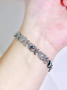 SEQUITO 1 pieza Brazalete de moda con dije con forma de corazón dorado y X, con piedras de cristal brillantes, hermoso accesorio de mano para uso diario, San Valentín