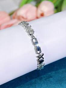 SEQUITO 1 pieza Brazalete de moda con dije con forma de corazón dorado y X, con piedras de cristal brillantes, hermoso accesorio de mano para uso diario, San Valentín
