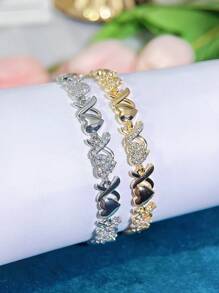 SEQUITO 1 pieza Brazalete de moda con dije con forma de corazón dorado y X, con piedras de cristal brillantes, hermoso accesorio de mano para uso diario, San Valentín