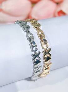 SEQUITO 1 pieza Brazalete de moda con dije con forma de corazón dorado y X, con piedras de cristal brillantes, hermoso accesorio de mano para uso diario, San Valentín