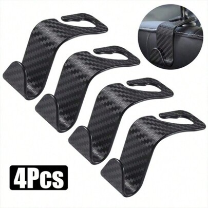4pcs Universal Carbon Fiber Pattern Car Seat Headrest Hook Hanger Storage Rack, Suitable For Car Interior Accessories