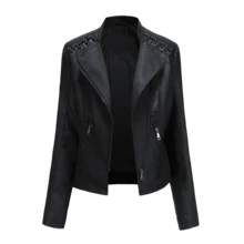 女士黑色PU皮夹克，带拉链细节，短款长袖衬衫领夹克 - 黑色 - 查看 2