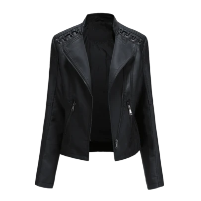 Women's Black PU Leather Jacket With Zipper Details, Short Length Long Sleeve Shirt Collar Jacket