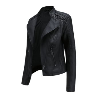 Chaqueta de mujer de piel de PU negra con detalles de cremallera, chaqueta de manga larga y cuello de camisa de longitud corta