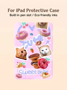 1 Stück Tablet Hülle mit Süßwaren Motiv - Donut, Tiere, Erdbeeren, Kuchen. Stoßfest, mit Stifthalter, Sleep/Wake Funktion. Kompatibel mit Samsung, Huawei, Xiaomi und iPad