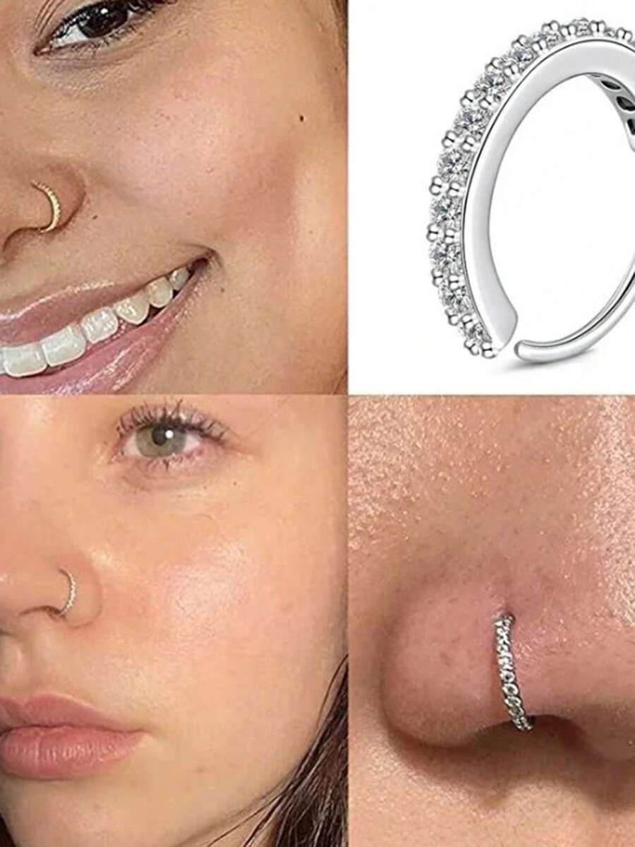 1 Pc Women's Cubic Zirconia False Nose Ring, Stainless Steel Circular Cartilage Ear Screen, Ear Nose Perforation, Body Jewelry - Silver - View 1