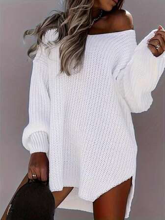 大码女式纯色落肩长袖套头毛衣，秋冬款