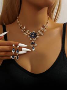 3pcs Women's Necklace & Earrings Set, Beautiful Flower Design Studded With Water Rhinestones, Black Water Droplet Tassel Necklace, Elegant & Exquisite Collarbone Chain, Shiny Party Gift Valentines,Mom,Mother,Mother's Day,Gift