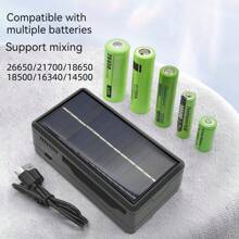 18650 Charger, Solar Lithium Battery Smart Charger 18650 18500 26650 21700 14500 16340 Type-C Dual-Slot Dual-Charge Multi-Function Charging Treasure - Black - View 3