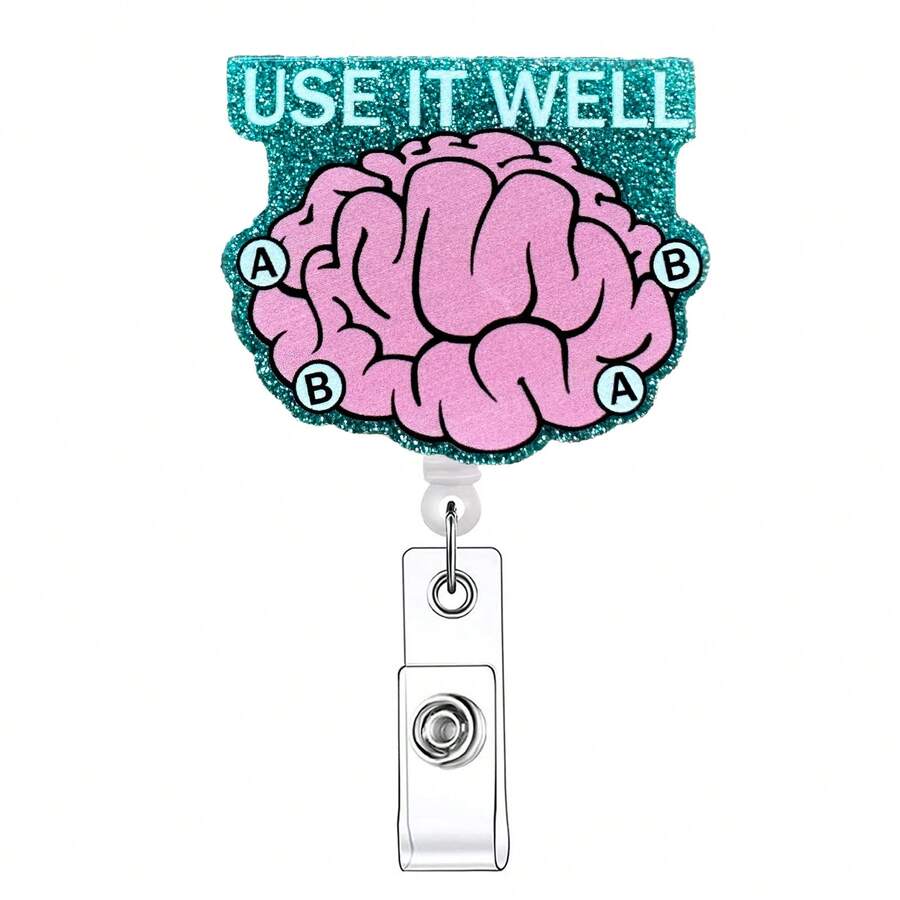 1pc 'Use It Well' Brain Badge Reel Retractable ID Tag Card Holder With Clip For Nurse, Work, Office Workers - Blue - View 1