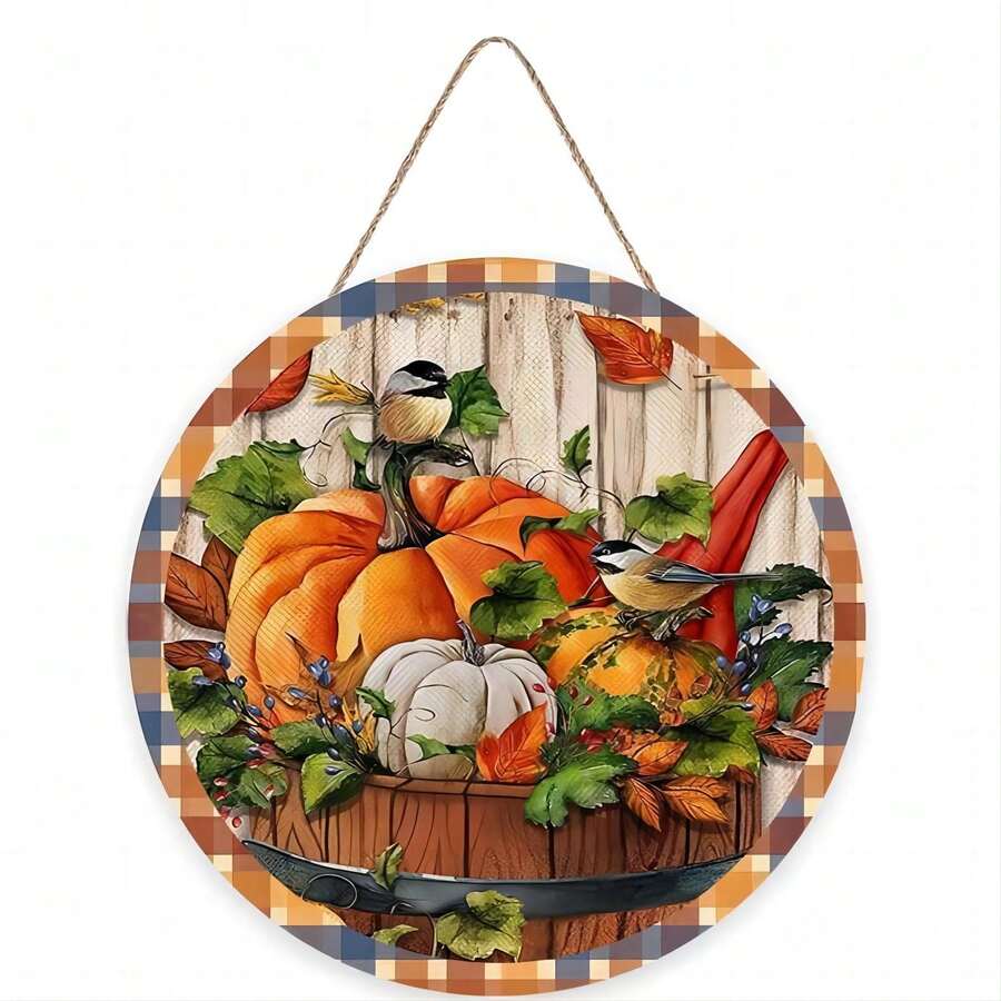 Thanksgiving Pumpkin Maple Leaf Welcome Front Door Signs Round Wooden Sign Rustic Wall Decor Plaque Hello Fall Wreath Sign Hanging Decor For Home Garden Kitchen Thanksgiving Autumn Home Decorations - Multicolor - View 1