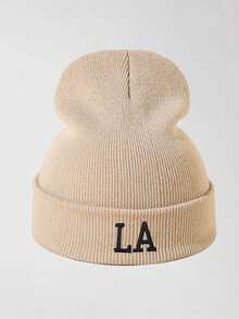 1pc Women's Fashionable 3D "I" Embroidered LA Knit Beanie Hat, Warm Accessory For Fall/Winter - Multicolor - View 5