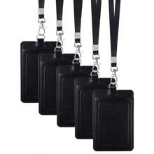 1 chiếc ví đựng thẻ ID bằng da có dây rút và dây đeo cổ, 1 ngăn đựng thẻ ID và 2 khe đựng thẻ, màu đen, thích hợp để đựng thẻ ID công việc, thẻ ra vào, thẻ nhân viên, thẻ ăn và thẻ học sinh. - màu đen - Xem 1