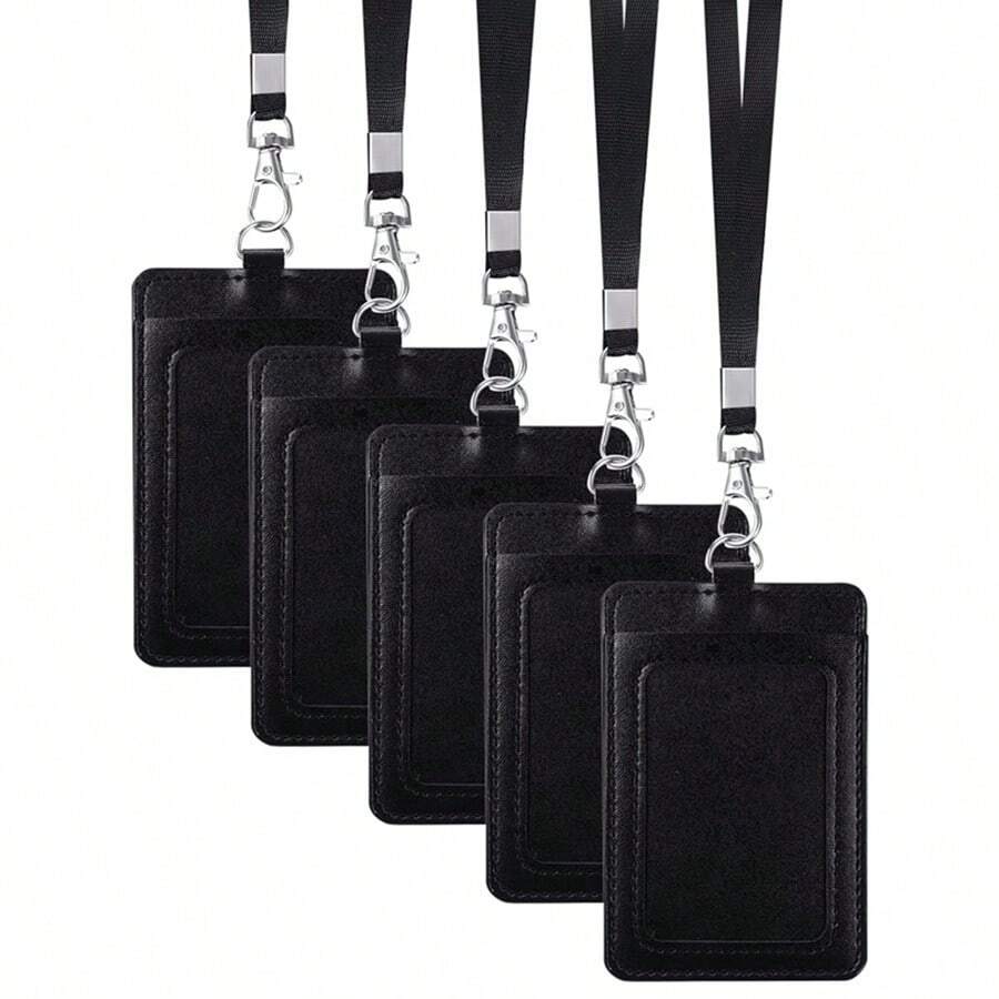 1 chiếc ví đựng thẻ ID bằng da có dây rút và dây đeo cổ, 1 ngăn đựng thẻ ID và 2 khe đựng thẻ, màu đen, thích hợp để đựng thẻ ID công việc, thẻ ra vào, thẻ nhân viên, thẻ ăn và thẻ học sinh. - màu đen - Xem 1