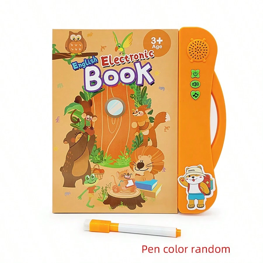 儿童英语电子书互动式触摸阅读书 - 包括：1本触摸阅读书，1支可洗泡沫记号笔（随机颜色）。书的左侧可用于书写、绘画和练习，右侧可触摸播放音频。内容涵盖：英文字母、数字、水果、蔬菜、动物、车辆、关系、乐器、童谣、故事、形状、颜色等。需要 3 节 AAA 电池（不包括在内）。