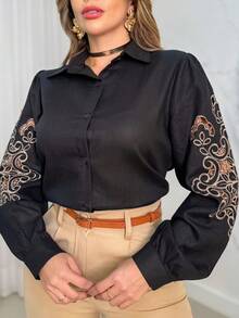 Women's Fashion Long Sleeve Shirt WITH DETAILS ON THE ARM/AL840 - 黑色 - 查看 3