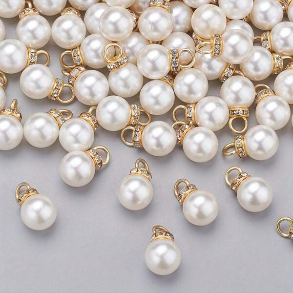 50 pçs 12mm branco brilhante acrílico encantos pingentes redondos contas soltas encantos com strass para balançar brincos colar jóias fazendo