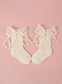 1pc Lace Bow Headband & 1pair Mesh Breathable Bow Mid-Calf Socks Set, Baby Accessories Love Valentine - Beige - View 3