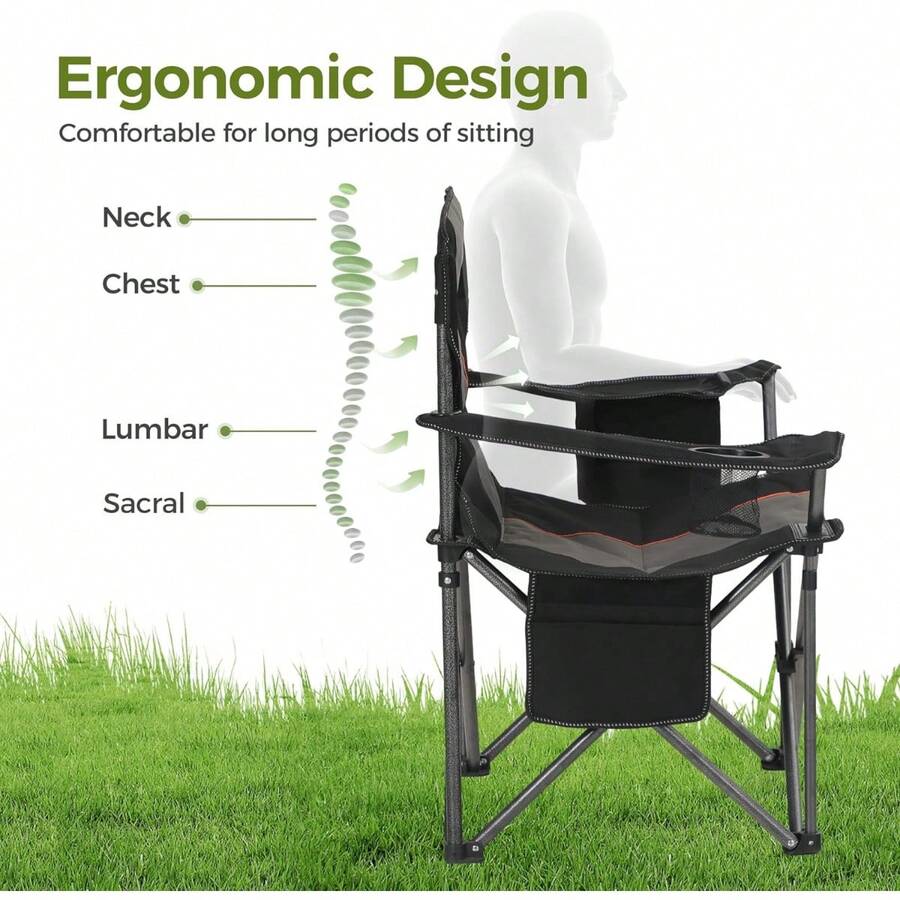 Oversized Camping Folding Chair, Heavy Duty Support 450 LBS Steel Frame Collapsible Padded Arm Chair With Cup Holder Quad Lumbar Back, Portable For Outdoor,Black