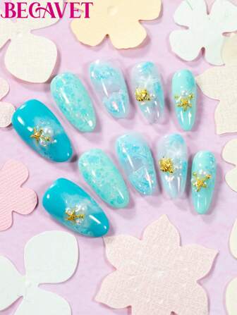 Upgrade Your Look With Begavet New Summer Nails 10Pcs Handmade High Quality Exclusive Design Almond 3D Nails Blue Ocean Cute Press On Nails With 3D Rhinestones, Easy To Wear, For Girls And Women Nail Supplies Nails