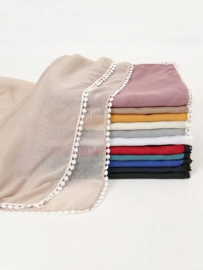 1入婦女巴厘紗純色圍巾，帶小蕾絲修飾，全配通透透氣皮膚友好包巾，適用於日常穿搭