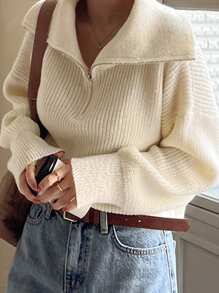 純色半拉鍊鬆緊針織毛衣