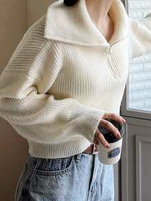 純色半拉鍊鬆緊針織毛衣