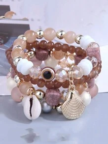 4 Vòng tay mặt dây chuyền vỏ kim loại ngắn gọn phong cách Boho sang trọng, nhiều lớp với hạt kẹo - vòng tay nhiều lớp - Xem 5