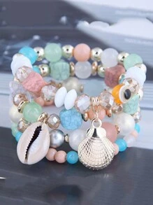 4 Vòng tay mặt dây chuyền vỏ kim loại ngắn gọn phong cách Boho sang trọng, nhiều lớp với hạt kẹo - vòng tay nhiều lớp - Xem 3