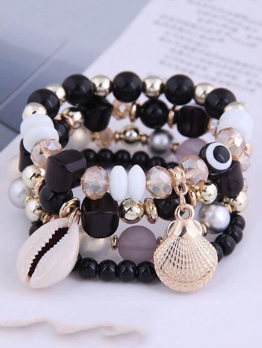 4 Vòng tay mặt dây chuyền vỏ kim loại ngắn gọn phong cách Boho sang trọng, nhiều lớp với hạt kẹo - vòng tay nhiều lớp - Xem 1