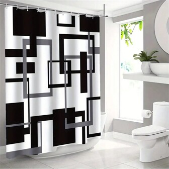 1pc Geometric Stripes Black Gray Printed Bathroom Waterproof Hanging Curtain - Easy To Install, Mildew Resistant, - Perfect For Bathroom Shower Or Bathtub Enclosure Home Bathroom Decor Fall Decor Bathroom Accessories Back To School