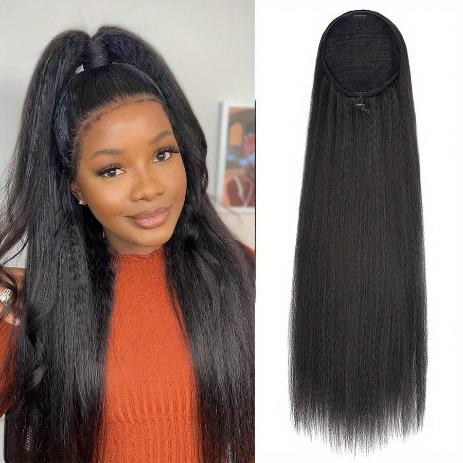 Long Black Yaki Straight Drawstring Ponytail For Women 14/24inch Synthetic Slight Kinky Straight Ponytail Extension Clip In For Daily Party Use - Multicolor - View 1