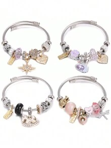 1 件金色 8 星、粉色心形和皇冠设计串珠手链 - 彩色 - 查看 1