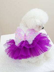 PETCIRCLE 宠物连衣裙一件装，狗狗/猫咪公主薄纱裙装，可爱蝴蝶仙女蓬蓬裙 - 紫色 - 紫色 - 查看 1