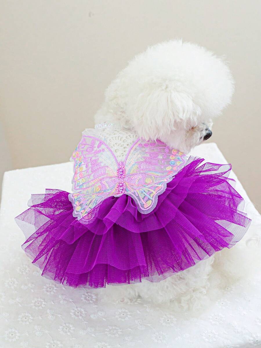 PETCIRCLE 宠物连衣裙一件装,狗狗/猫咪公主薄纱裙装,可爱蝴蝶仙女蓬蓬裙 - 紫色 - 紫色 - 查看 1