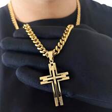 Thick Men's Necklace Chain + 18k Gold Plated Cross - 金色 - 查看 1