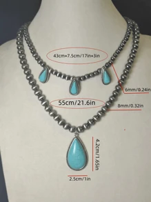 1 pezzo Collana con pendente in lega di zinco con doppio strato di perline e intarsiato di turchese per le donne
