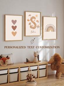 3pcs Personalized Name Wall Art, Rainbow, Heart Print Poster, Boho Canvas Painting, Polka Dot Wall Decor, Suitable For Nursery, Living Room, Bedroom, Office, Tea Room, Home Decor, Valentine's Day, Mother's Day, Children's Day, Father's Day, Wedding, Housewarming, Back To School, Warm Atmosphere, Home Life, Customized Wall Painting, Holiday Calendar - Beige - View 2